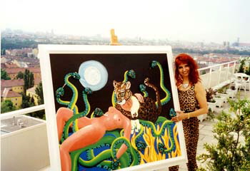 RJ-Archiv: "Die Nacht der Venus im Jaguar" (Chris Bleicher mit Neon Bild Objekt mit weißem Neon-Mond) auf Münchens Penthouse-Terrasse, 1995